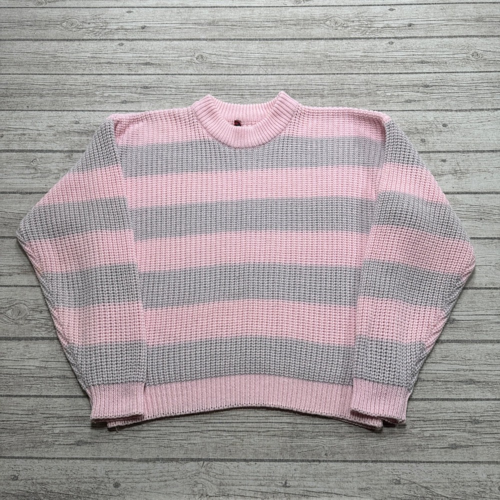 Vintage Canadian Raglan Sweater Women's Large Pink Gray Striped Knit Pullover